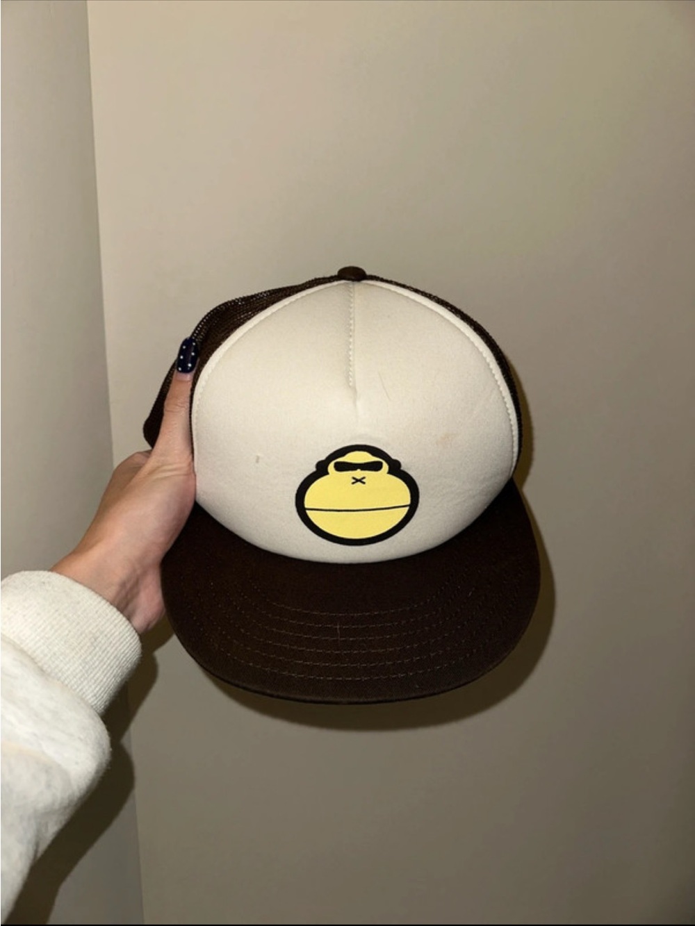 Cream and Brown Trucker Hat with Yellow Graphic Patch